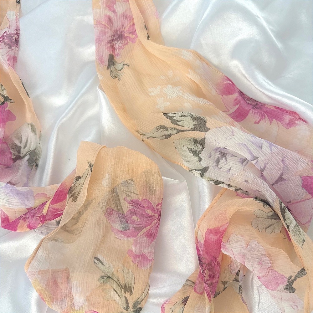 Randolph Duke The Look Peach Floral Silk Scarf Sheer Long Rectangle